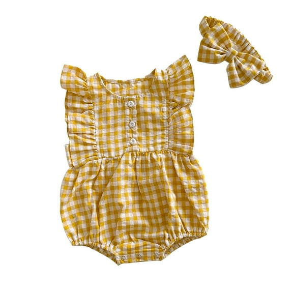 Kovlvoll Infant Baby Girl Clothes Summer Plaid Rompers Button Crewneck Short Sleeve Cotton Lightweight Comfy Jumpsuit