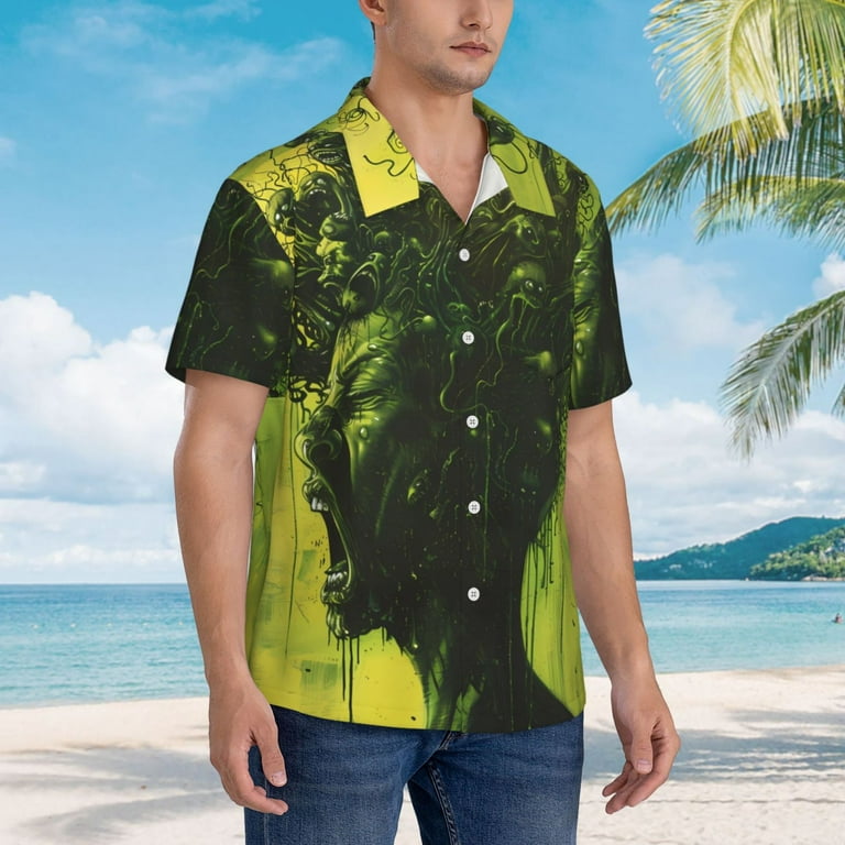 horror dress shirts Pofeuu Screaming Horror Art Print Hawaiian Shirt for Men Sleeves Casual  Button Down Summer Beach Dress Shirts T-Shirts,Small