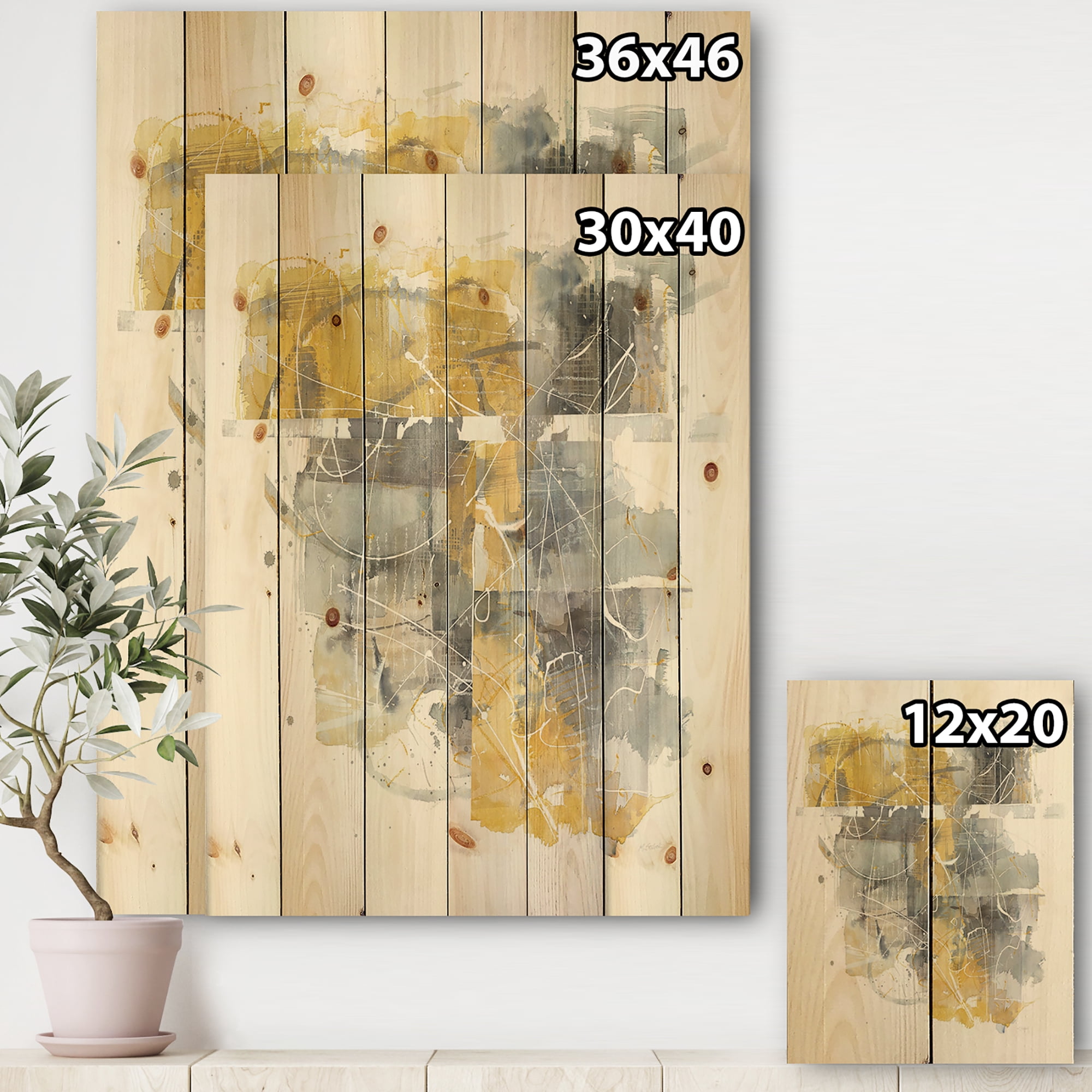 Designart 'Moving In and Out of Traffic II Yellow Grey' Geometric Print on Natural Pine Wood