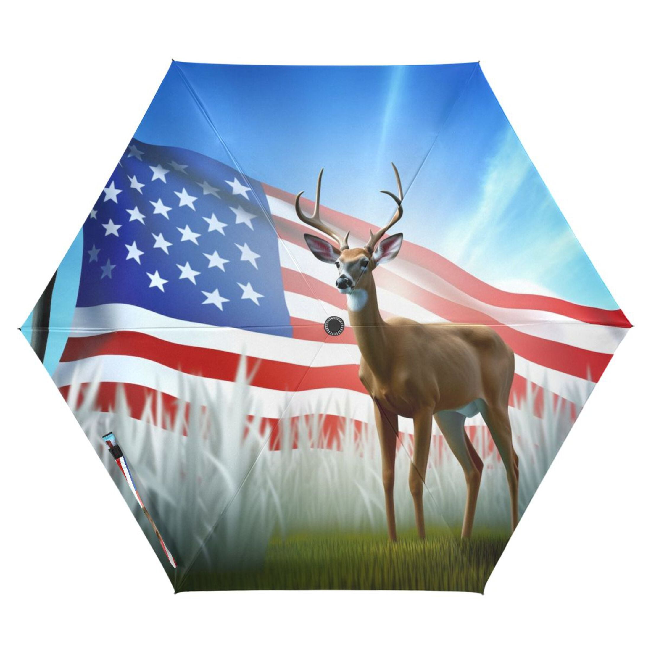 Deer and American Flag Compact Sun Umbrella Windproof Travel Umbrellas for Rain Strong Portable UV Protection