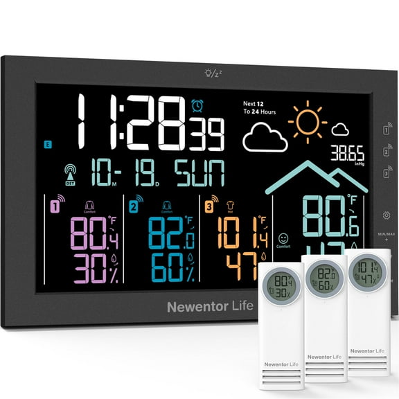 Newentor 7.5" Large Screen Weather Station with 3 Sensors, Color Display Digital Wireless Weather Thermometer, Indoor & Outdoor Humidity Thermometer, Weather Forecast, Black