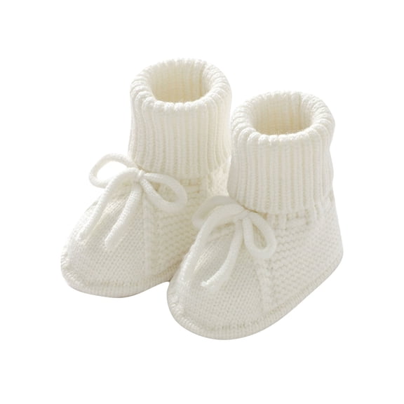 Xfvqtps Baby Booties Knitted Crochet Solid Color Lace up Bow Mid Tube Non Slip Soft Comfortable Warm Winter House Shoes Prewalker White