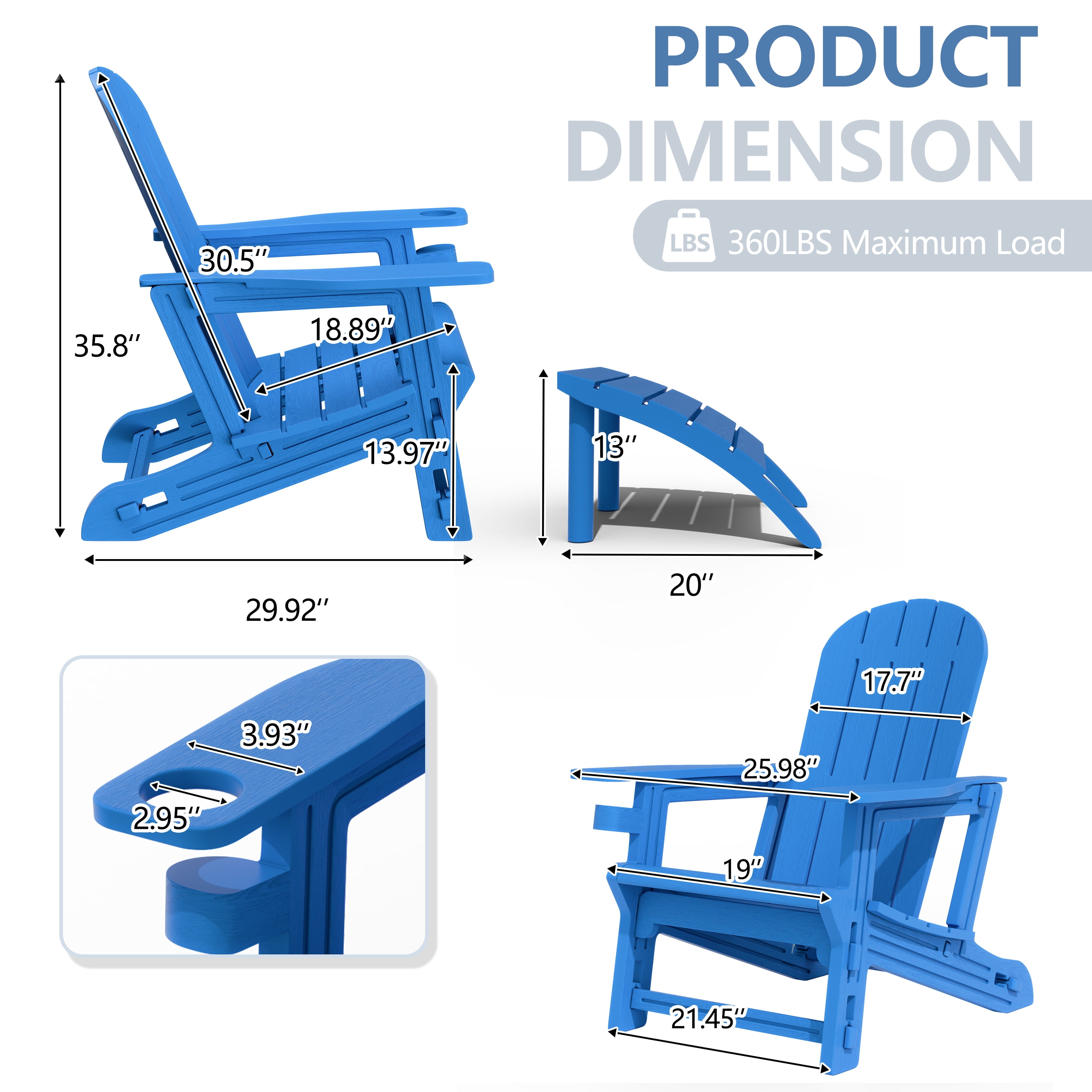 Walsunny Adirondack Chairs Set of 2 HDPE Outdoor Chair Set with Connecting Tray Cup Holder Removable Tabletop Pull-Out Footrest,All-Weather HDPE Outdoor Chair Set,Blue