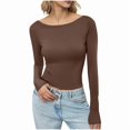 thumbnail image 4 of Aobny Slim Women Clothes Boat Neck Basic Brown Long Sleeve Tees Blouse Gym Shirt,S, 4 of 5