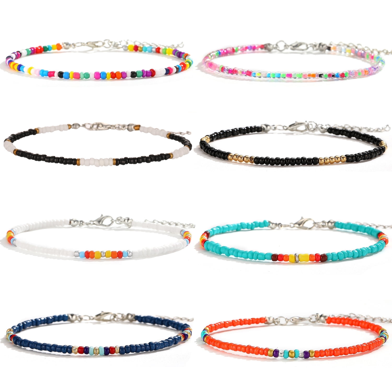 XIJIN 8Pcs Handmade Beaded Anklets for Women Boho Colorful Beads Ankle Bracelets Set