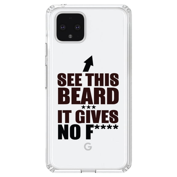 DistinctInk Clear Shockproof Hybrid Case for Google Pixel 4 XL (6.3" Screen) - TPU Bumper Acrylic Back Tempered Glass Screen Protector - See This Beard - It Gives No F****