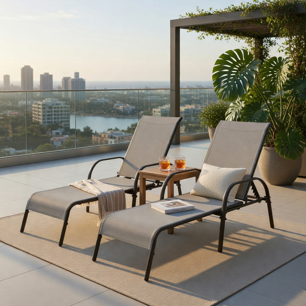 Hommoo Adjustable Folding Patio Chaise Lounge Chair, 5-Position Reclining Backrest, Weather-Resistant Fabric & Powder-Coated Steel Frame, Gray