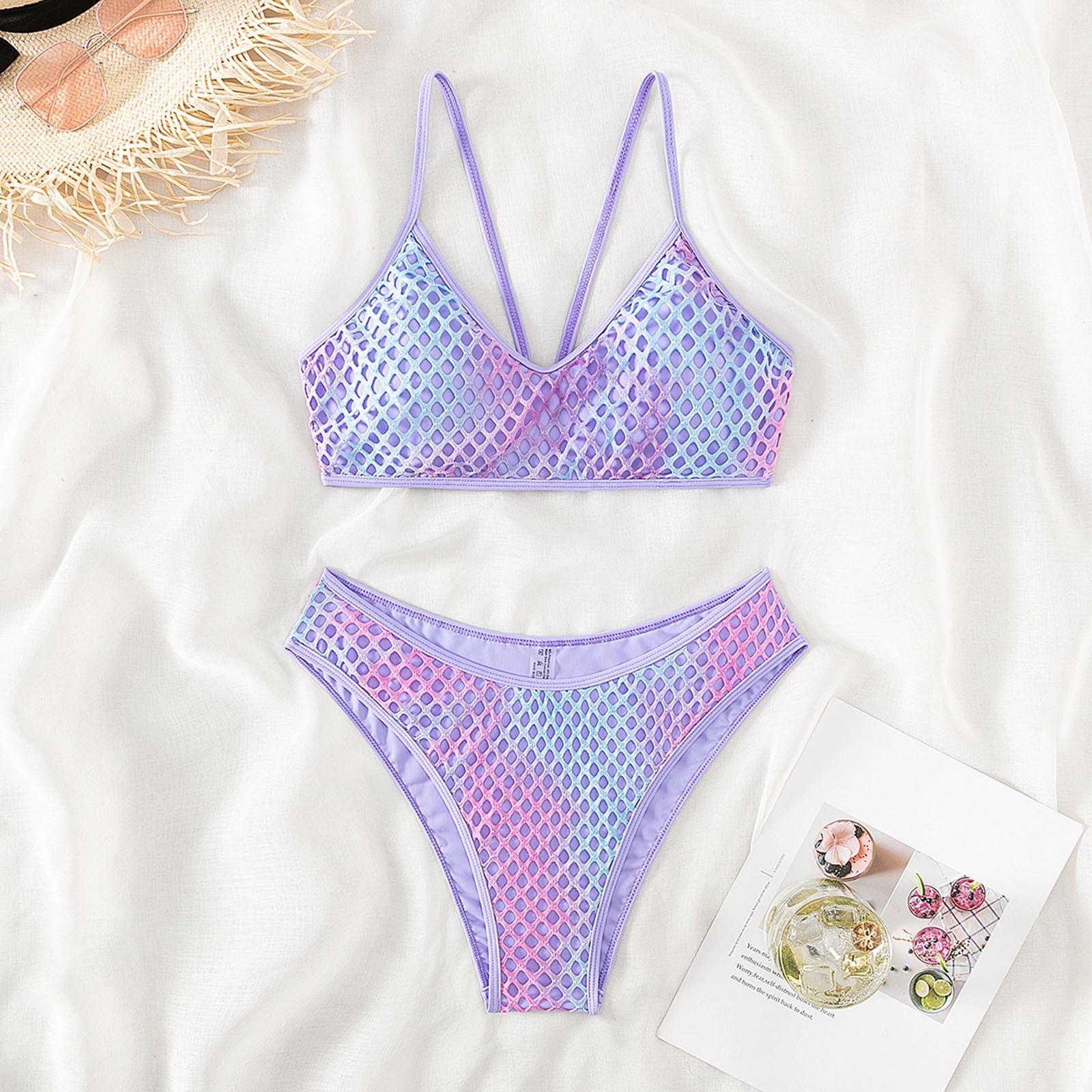 tobchonp Sexy Bikini Fashion Summer Mesh Breathable Quick Dry Beach Bikinis Set High Waist