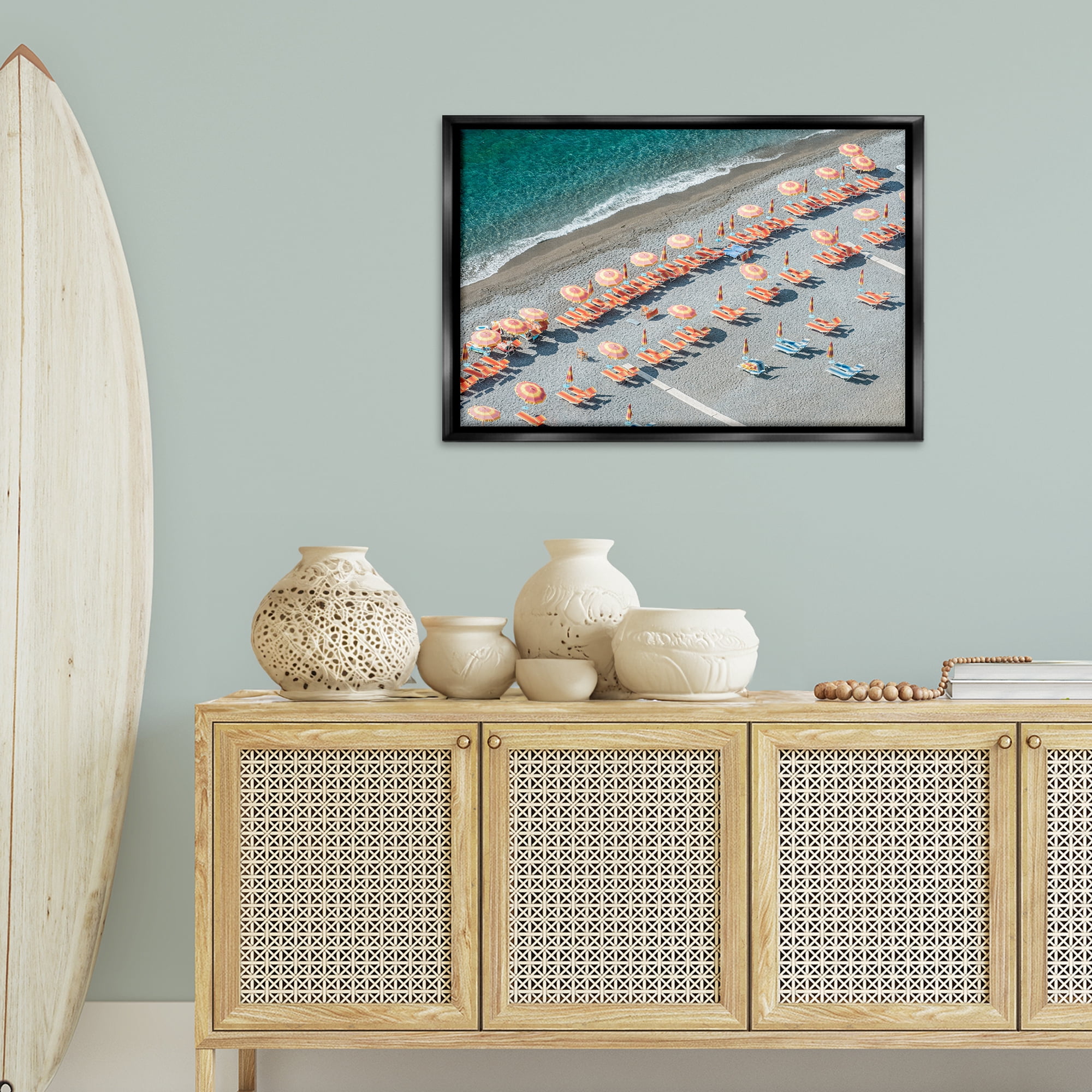 Stupell Industries High Tide Beach Umbrellas Landscape Painting Black Floater Framed Canvas Art Print Wall Art, 31 x 21