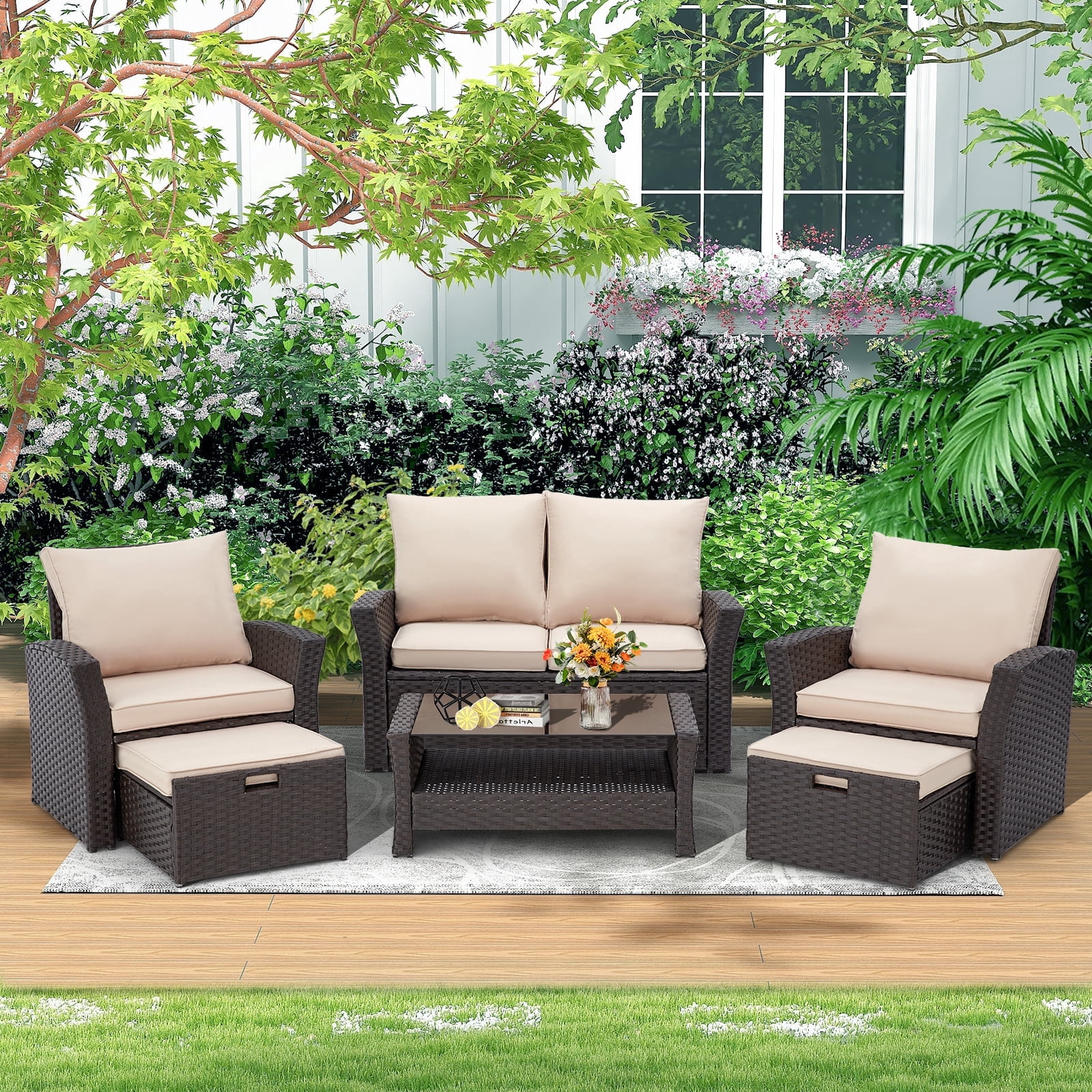 6 Pieces Patio Furniture Set, Outdoor Sectional Conversation Rattan Sofa Set with Ottoman and Outdoor Storage Table for Garden, Porch, Backyard (Kahki）