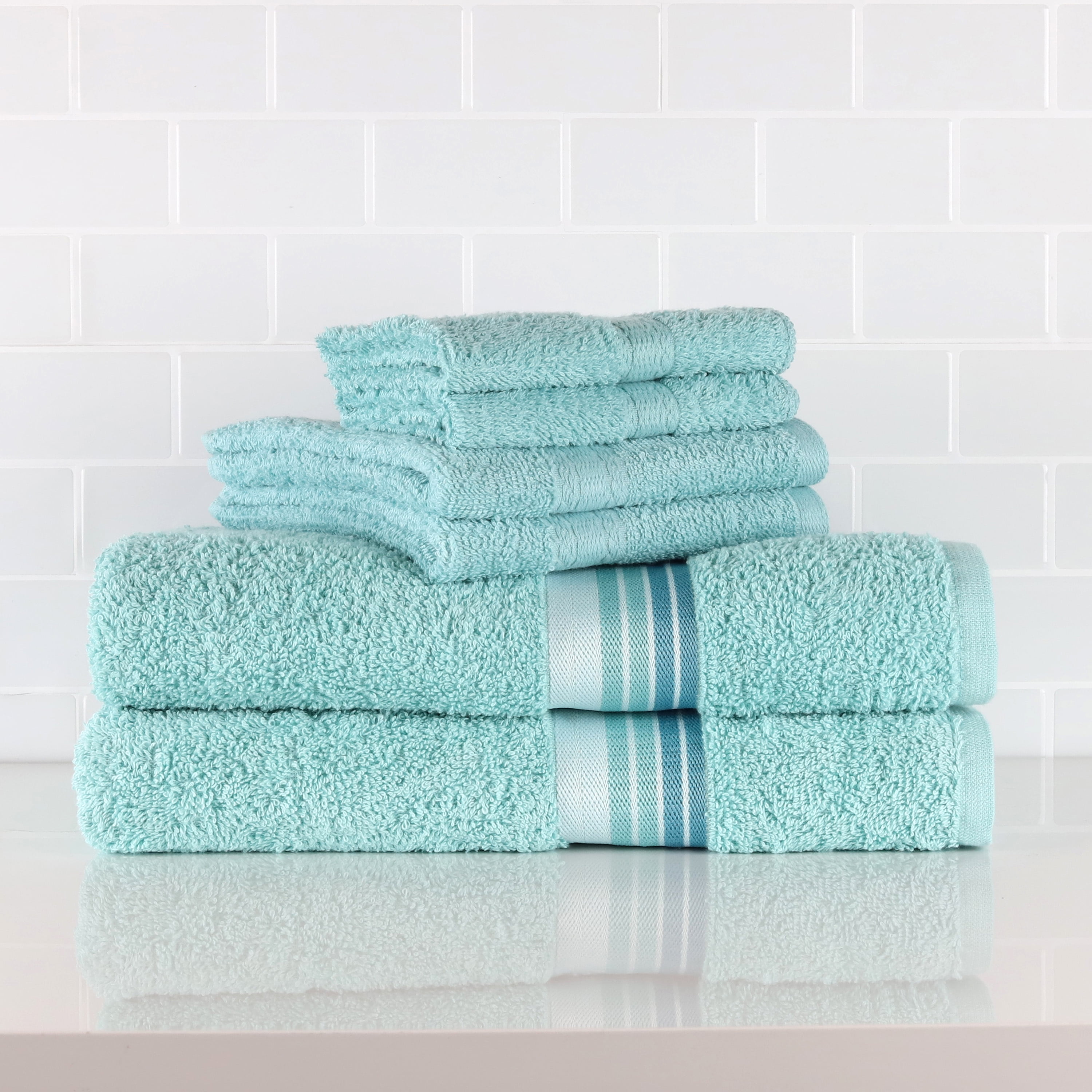 Mainstays 6Piece Bath Towel Set, Ombre Stripe, Clearly Aqua