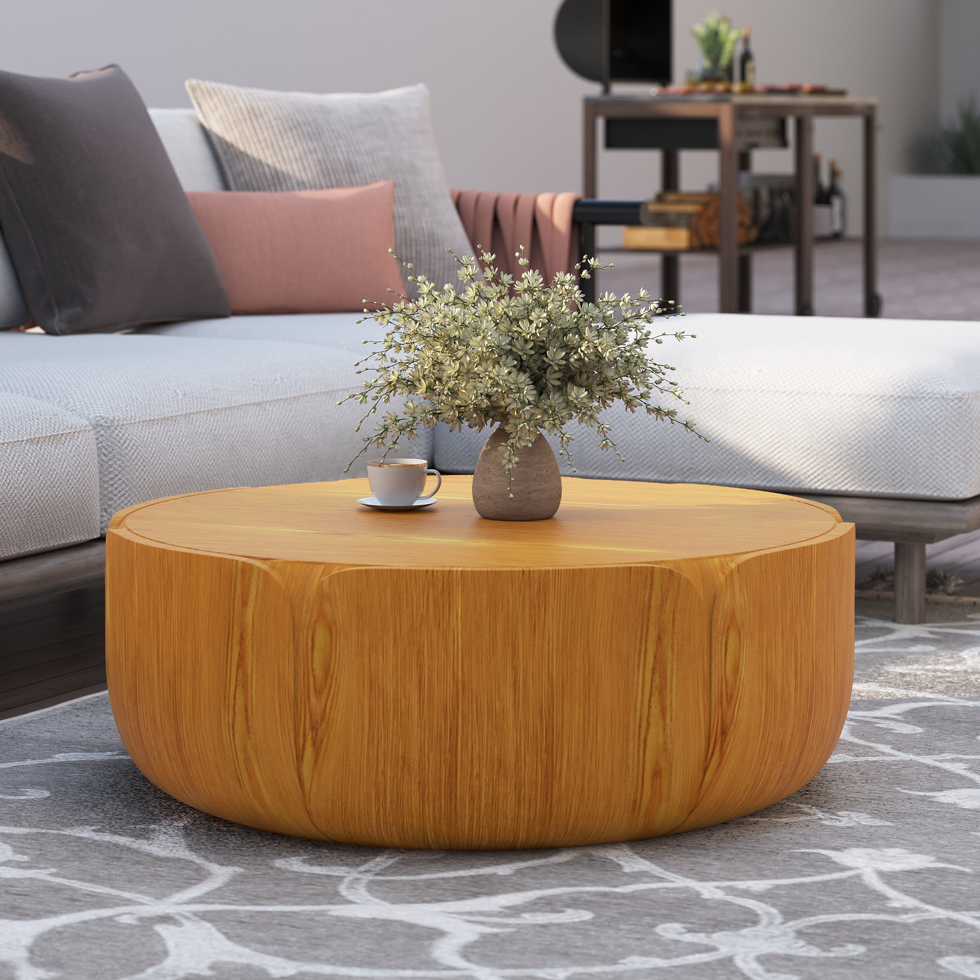 Round Outdoor Center Coffee Table, Drum Shaped Wood Grain Leisure Table for Patio Living Space, Natural