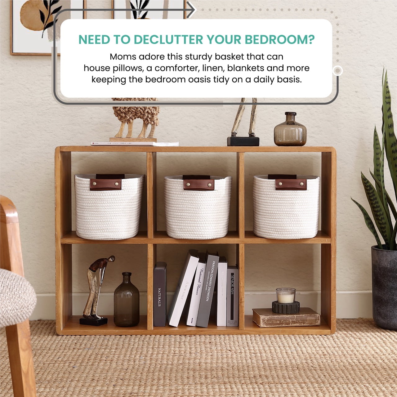 3 Pack Woven Cotton Rope Shelf Storage Basket with Leather Handles, Baby Nursery Storage Bin Organizers, Closet Shelf Storage - 15 x 10 x 9