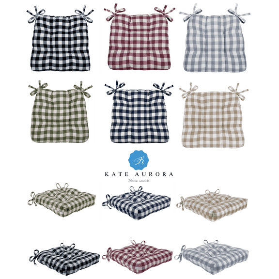 Kate Aurora Country Living Plush Gingham Plaid Checkered Country Farmhouse Chair Cushions, Pads With Tear Proof Ties - Assorted Colors