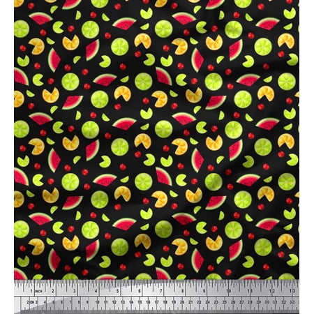 Soimoi Polyester Crepe Fabric Lemon Slice Cherry & Watermelon Fruits Printed Fabric 1 Yard 42 Inch Wide