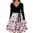 thumbnail image 3 of Valentine's Day Dresses for Women Long Sleev Vintage Love Heart Print V-Neck A-Line Cocktail Party Dress with Belt Purple M, 3 of 4