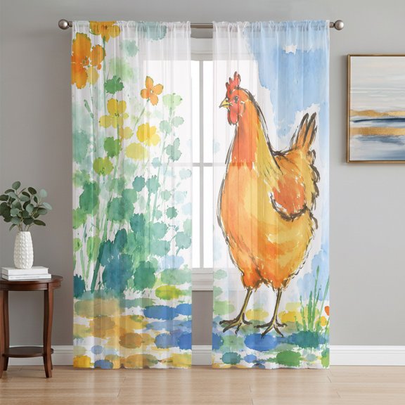 Watercolor Rooster Sheer Curtains 84 Inch Length 2 Panels Set, Farmhouse Colorful Flowers Herbs Voile Window Treatment Rod Pocket Curtains Sheers Drapes for Bedroom/Living Room/Kitchen 52"x84"x2