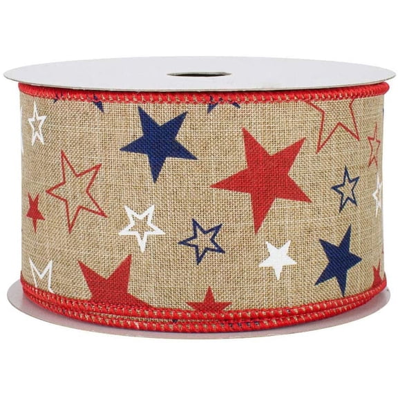 USA Stars Patriotic Wired Ribbon - 2 1/2" x 10 Yards, 4th of July, 250th Anniversary USA, Wreath Decor, Sparkly Silver, Red, Blue, Beige, Banner Decorations, Veterans Day, 1776, Labor Day, Americana