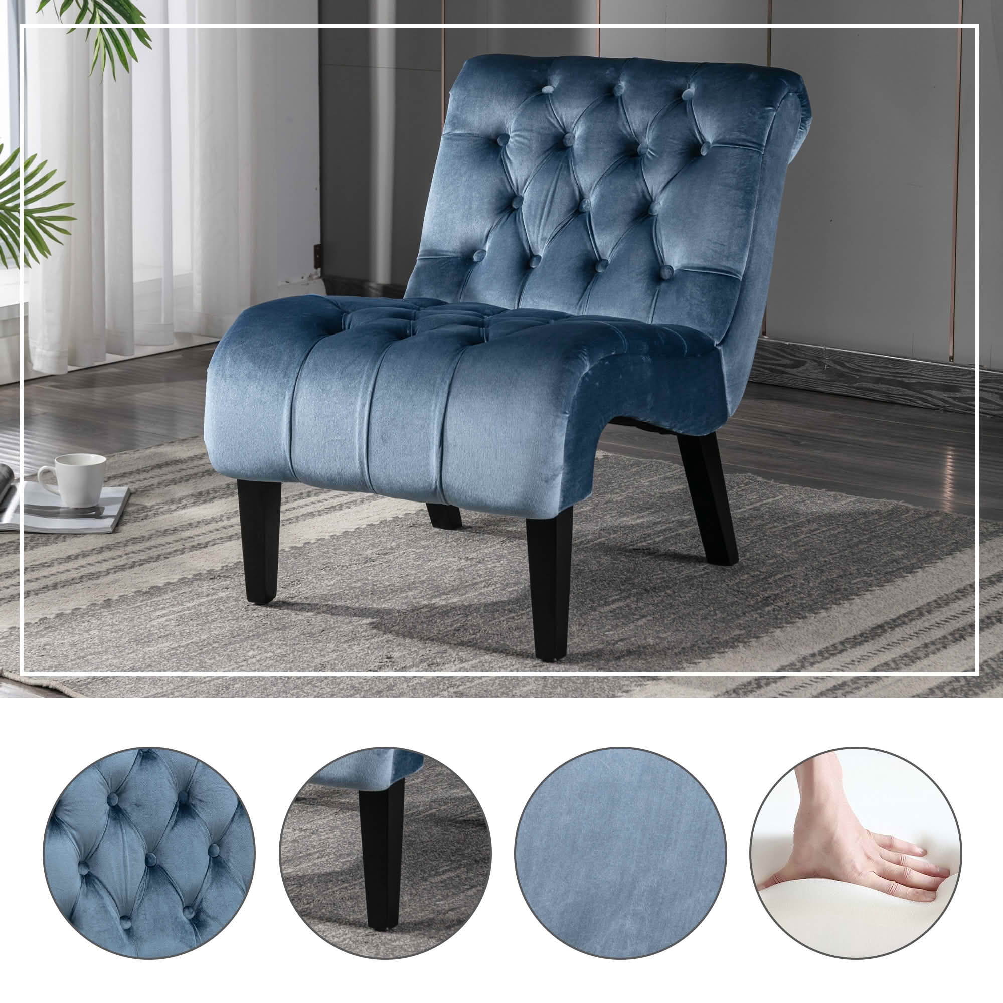 MAYEERTY 22.83-Inch Velvet Button Tufted Armless Accent Chair, Upholstered Leisure Side Chair with Wooden Legs for Bedroom Living Room Office