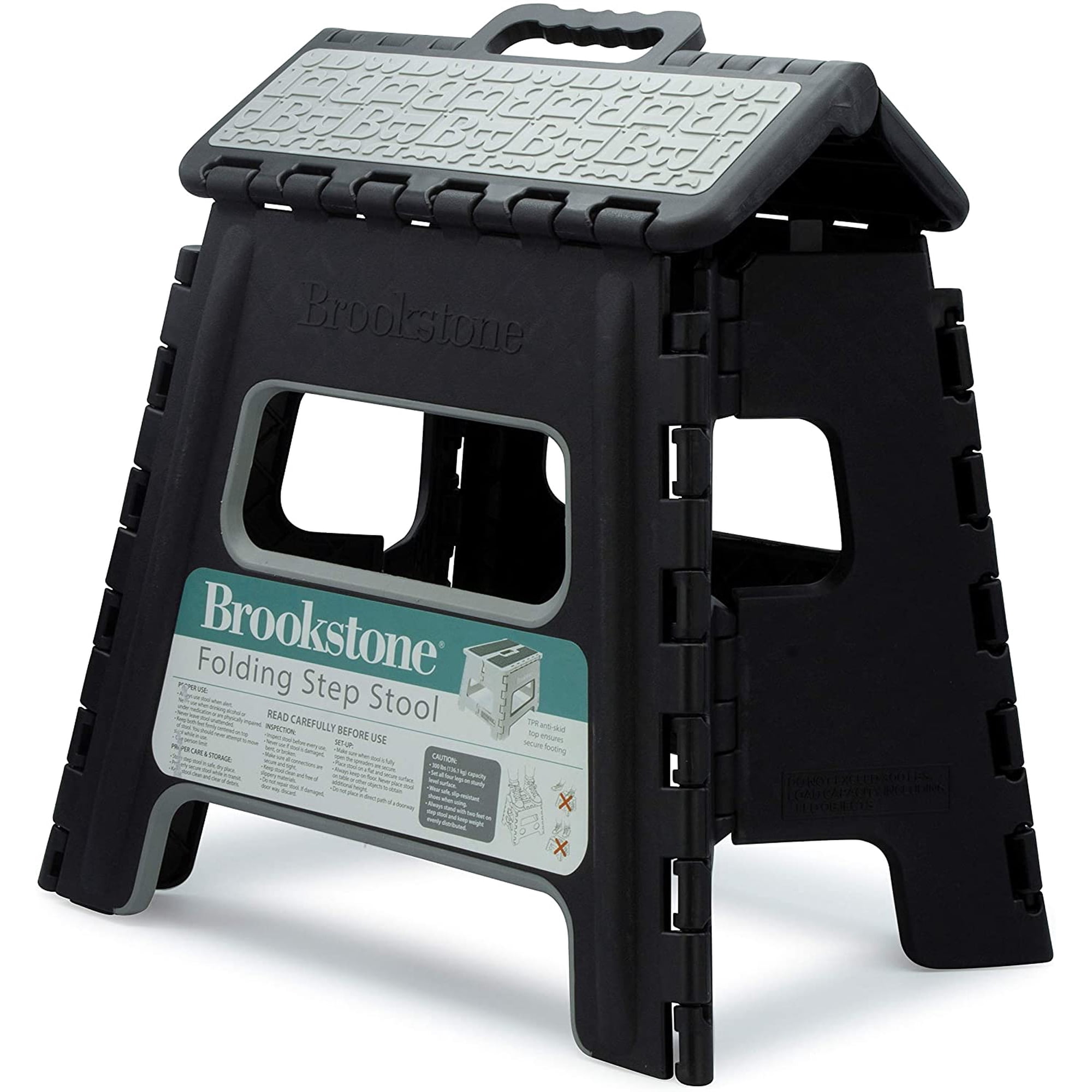 Brookstone 13 inch Plastic Folding Step Stool, Non-Slip, 1 Step, Holds up to 300 Pounds, Matte Black