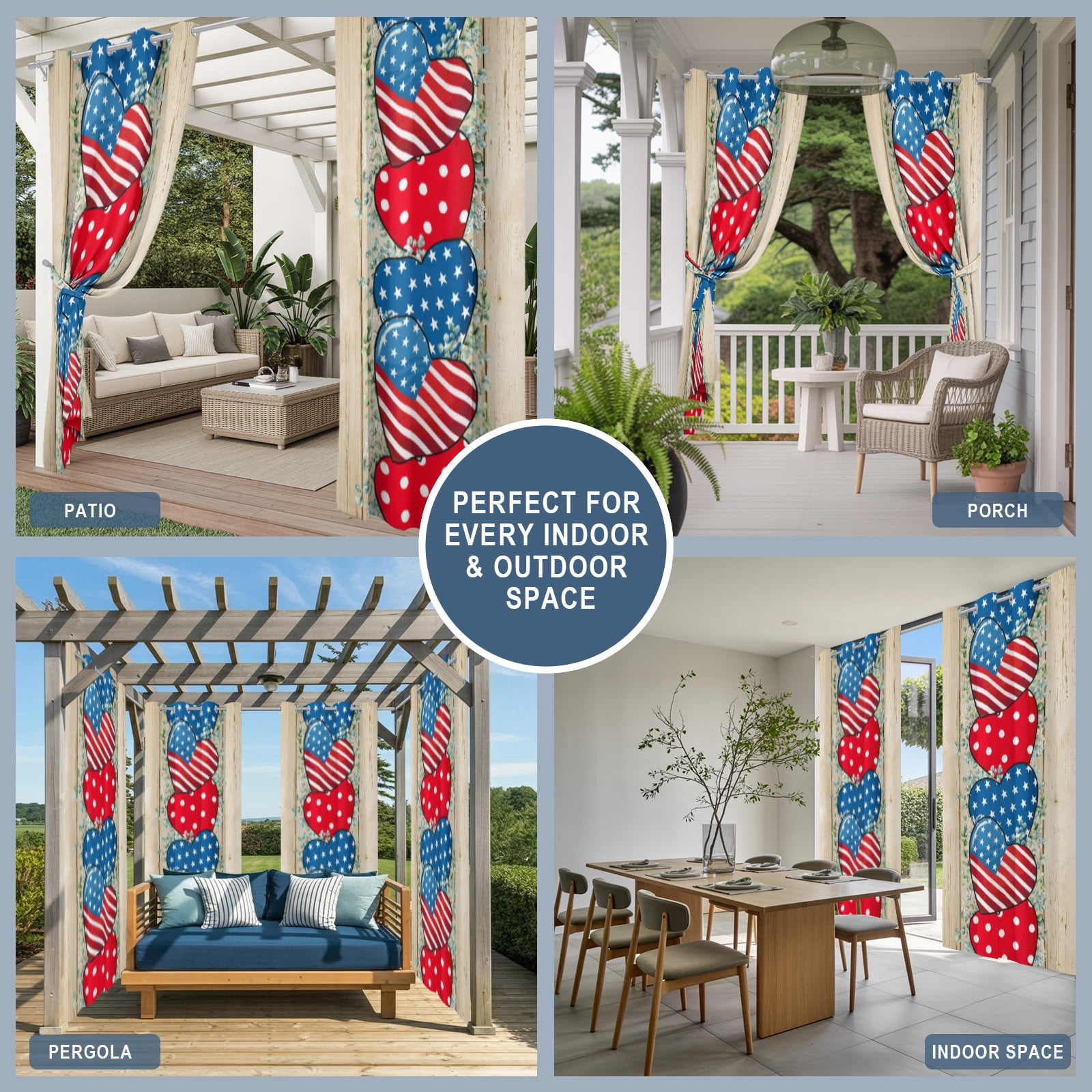 Independence Day Outdoor Curtains for Patio, Hearts American Flag Eucalyptus Leaves Sunshade Privacy Drapes Grommet Waterproof Outside Curtains for Porch/Cabana/Balcony 54"x 108", 1 Panel