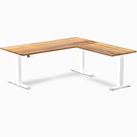 Desky Hardwood L-Shape Sit Stand Desk - Teak / 72 X 30 X 70 X 24 Inches / White