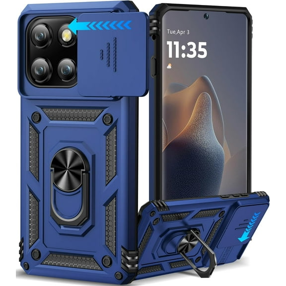 for Motorola Moto Edge 2025 Case with Slide Camera Lens Cover, Built-in Ring Stand Shockproof Protective Phone Case for Motorola Edge 2025 Case (Blue)