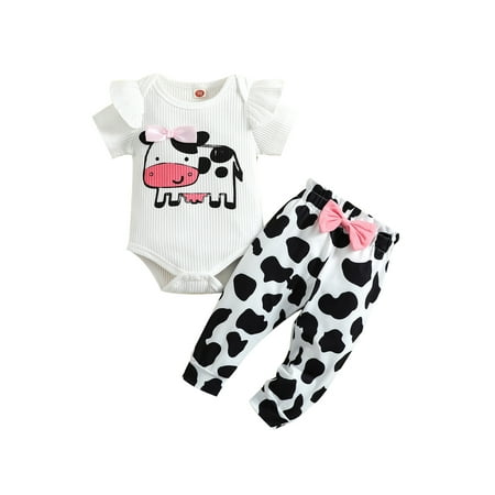 

Frobukio Infant Baby Girls Summer 2Pcs Outfit Sets Short Sleeve Ruffle Romper + Cow Print Pants with Bowknot Decor White 6-12 Months