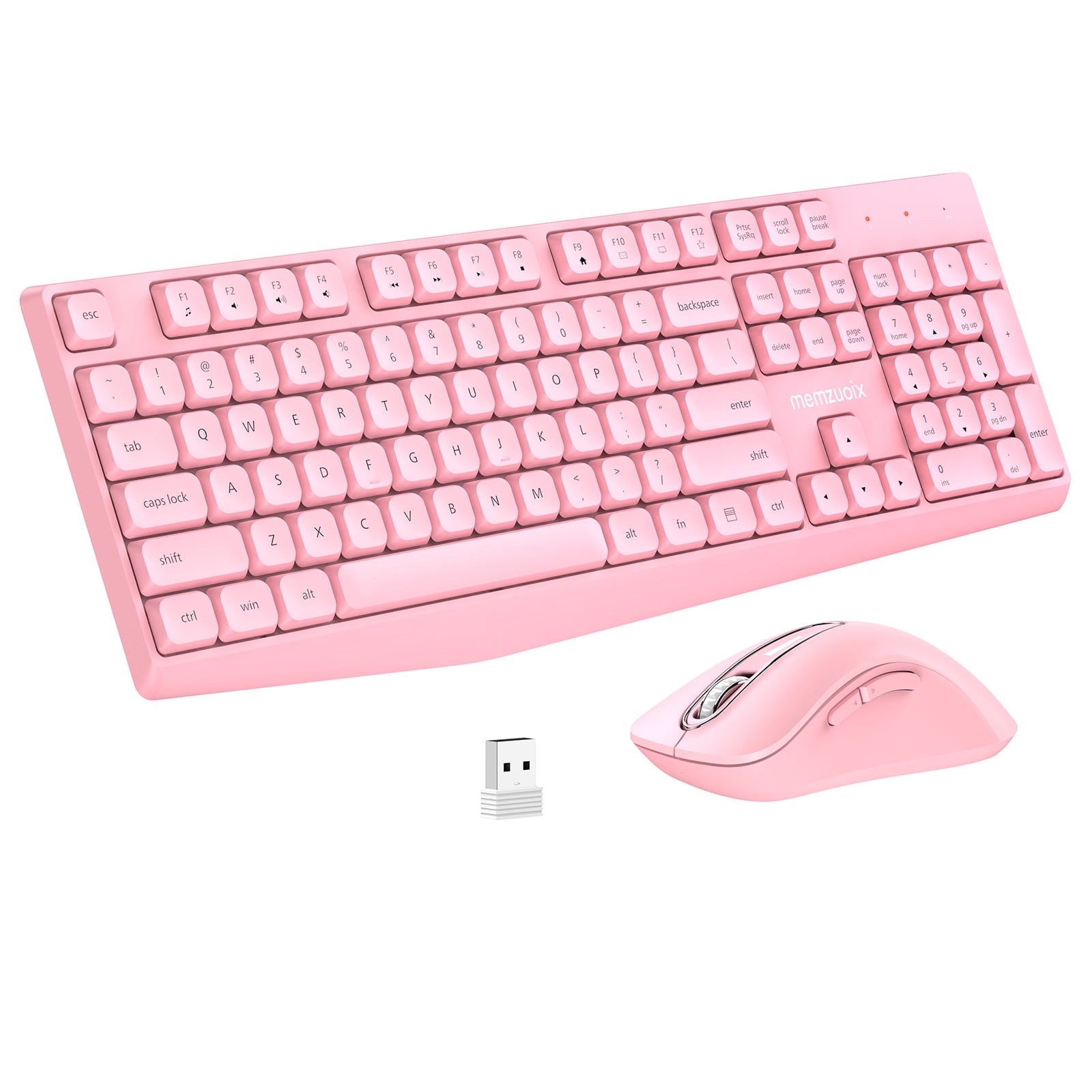 Wireless Keyboard and Mouse Combo, memzuoix 2.4G Full Size Keys Ergonomic Silent Black Keyboard and 1400DPI Ergonomic Pink Mouse for Windows, Mac OS Desktop/Laptop/PC