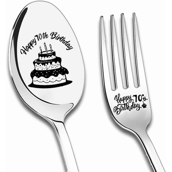 Happy 70th Birthday Gifts for Women Men Father Mother Birthday Gifts for Friends Grandpa Grandma 70 Year Old Birthday Gifts for Aunt Uncle Birthday Present Fork Spoon Set 2Pcs
