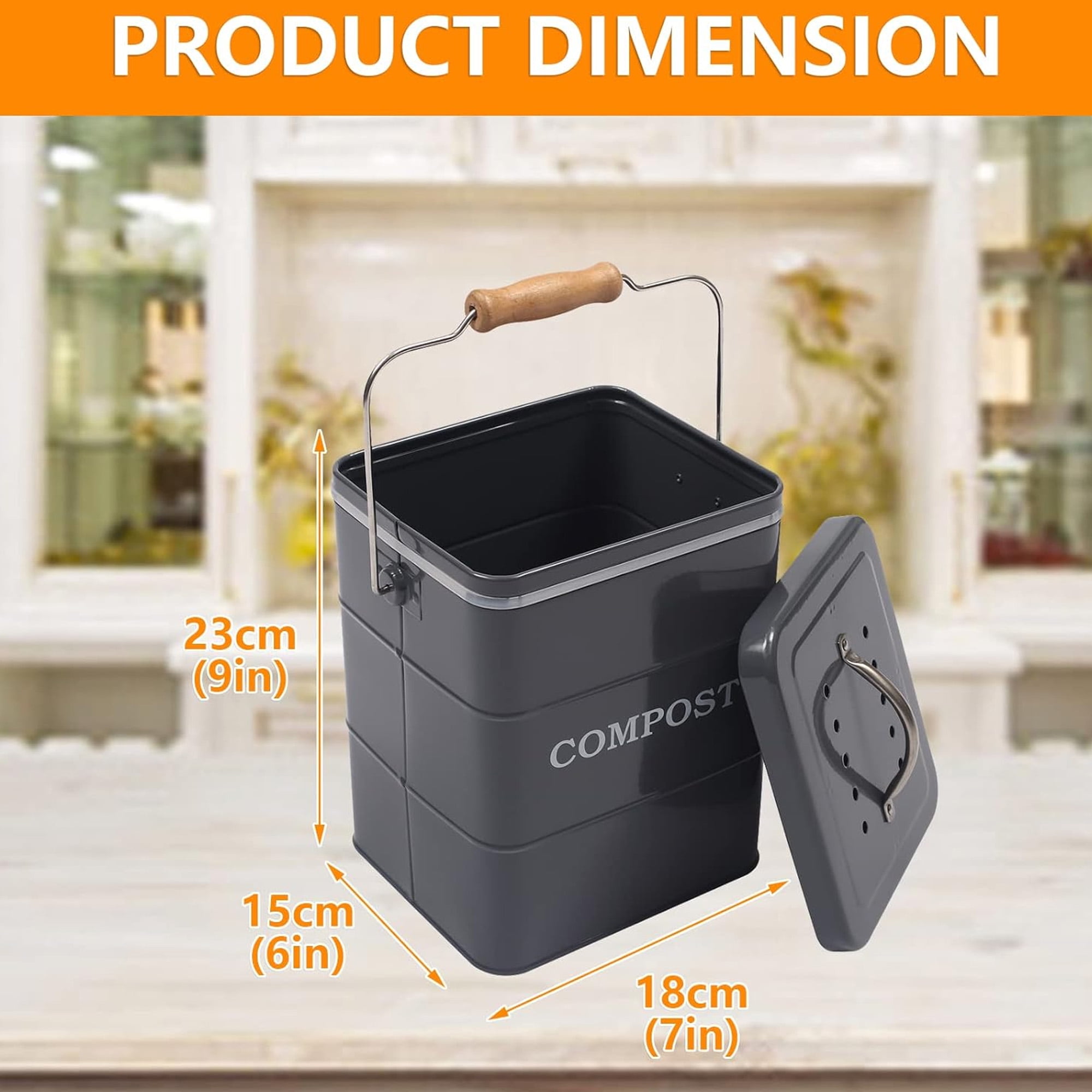 Pethiy Kitchen Compost Bin, 1 Gallon Countertop Compost Bin with Lid, Indoor Compost Bucket Includes Charcoal Filter, Small Compost Bin with Carbon Steel, Handles, Recycle Bin for Food Was