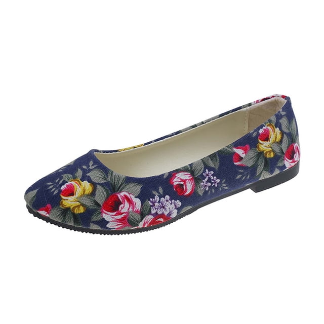 Womens Casual Shoes Rose Flower Multicolor Flat Bottom Soft Sole Pointy Toe Slip on Comfortable Breathable Canvas Single Shoes Spring and Summer New Slip on Flat Shoes Blue