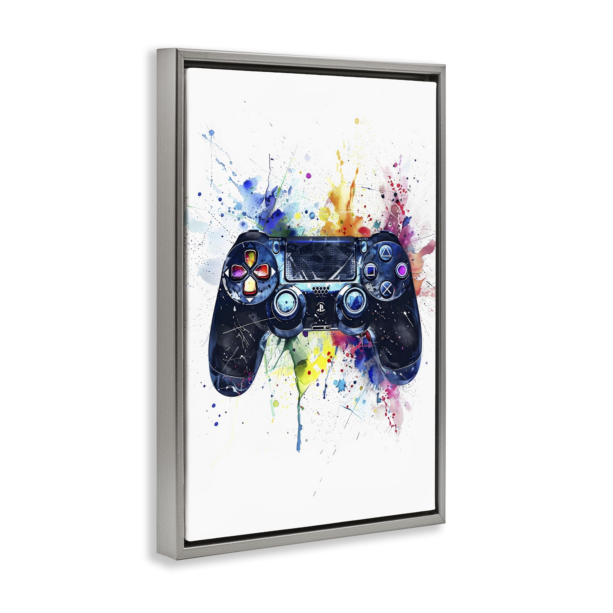 Stupell Industries Colorful Gaming Controller Splatter Gray Framed Floater Canvas Wall Art, design by Creative Studio