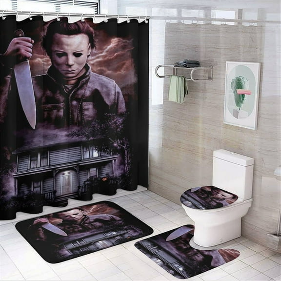 Horror 4-Piece Movie Shower Curtain Sets Bathroom Decor Sets with Rug Toilet Lid Cover,Non-Slip Rug and Non-Slip U Shape Mat and 12 Hooks