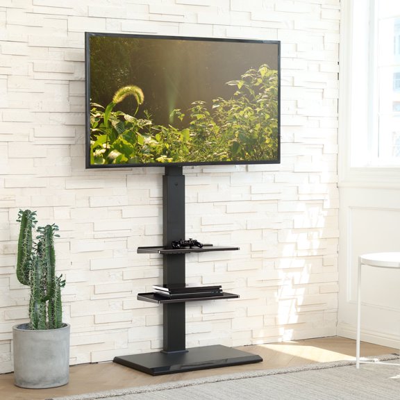 Fitueyes  Iron Base TV Stand Black with Swivel Mount, Height Adjustment with Shelf up to 65 inchTVs