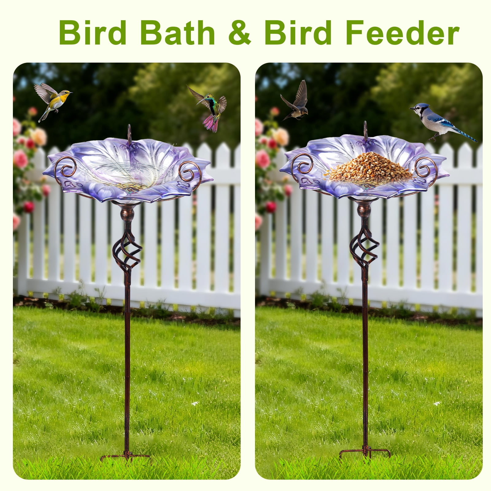 Glass Bird Bath Outdoor BirdBath Bird Feeder with Metal Stake Garden Decor, Purple