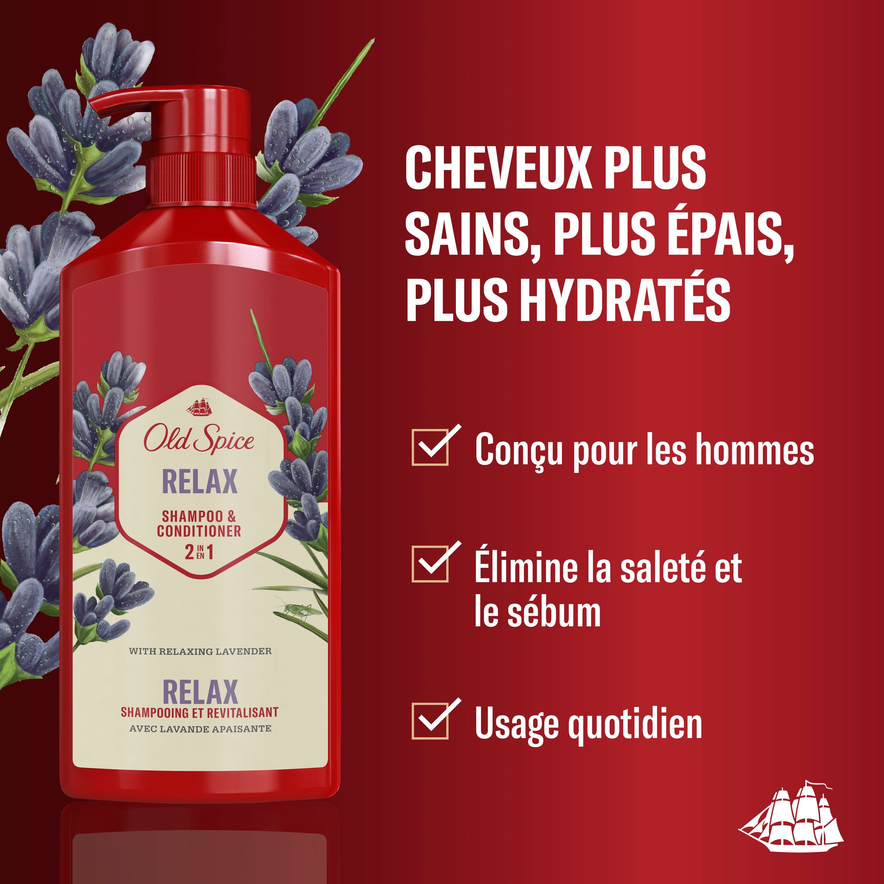 Shampooing et revitalisant 2 en 1 pour hommes Old Spice Relax avec lavande, pour des cheveux épais et sains 650ML