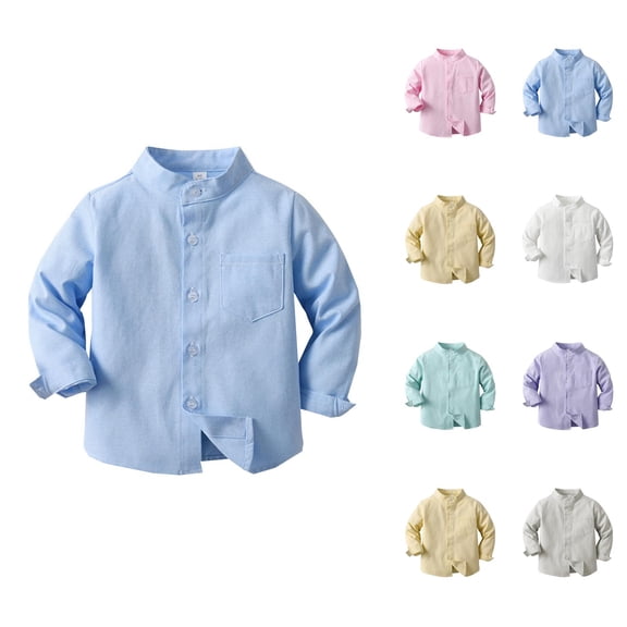 Boys Girls Dress Shirt Spring Fall Long Sleeve Button Down Stand Collared Plain Shirts with Chest Pocket