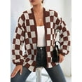 thumbnail image 4 of Women'S Plus Size Checkered Cardigan Top Plaid Print Open Front Loose Sweater Outwear Brown White M, 4 of 9