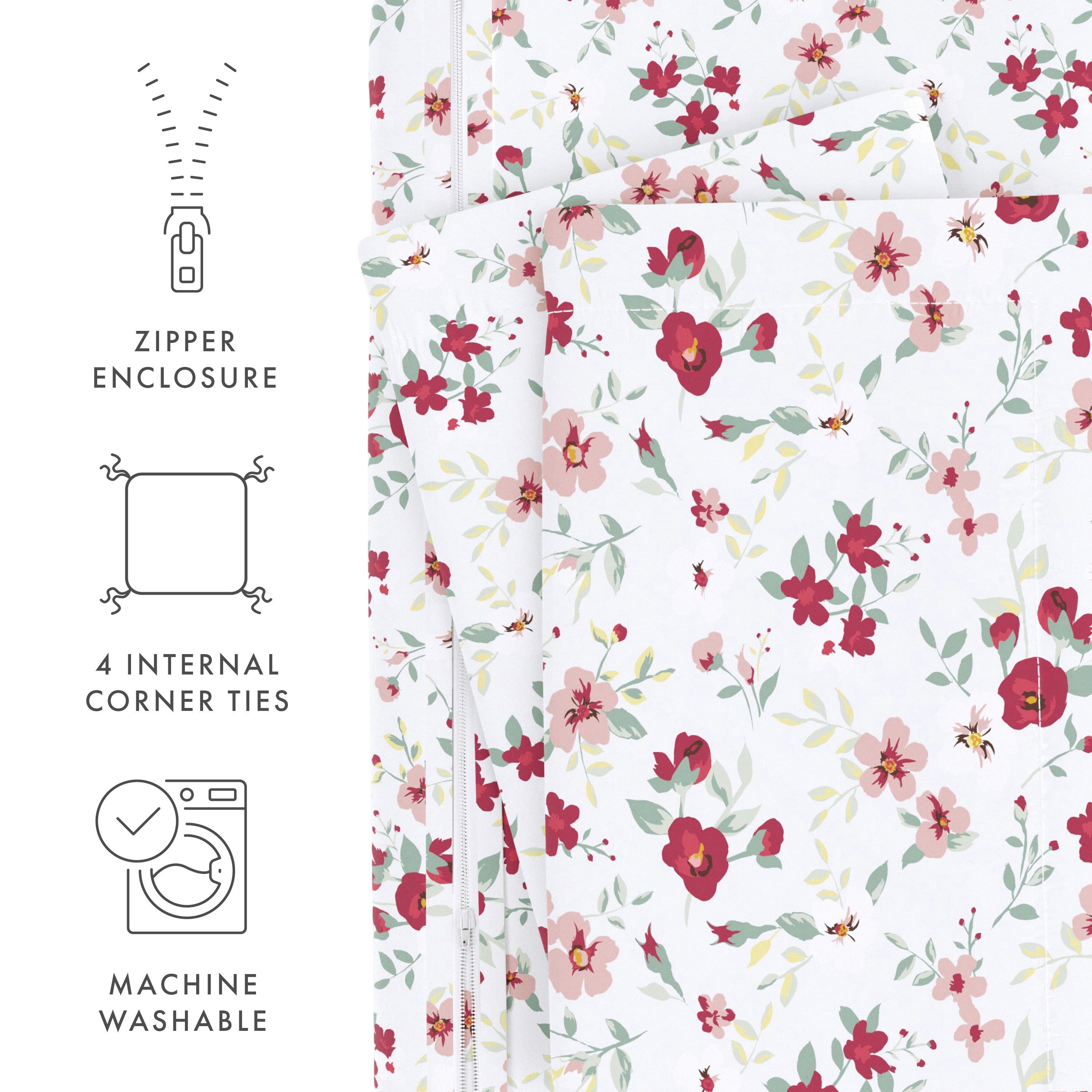 Noble Linens Pink Blossoms Print Duvet Set 3-Piece Duvet Cover Set, Full/Queen
