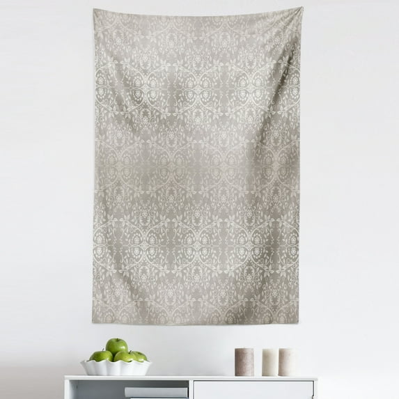Grey Tapestry, Victorian Lace Flowers and Leaves Retro Background Old Fashioned Graphic, Fabric Wall Hanging Decor for Bedroom Living Room Dorm, 5 Sizes, Grey Beige, by Ambesonne