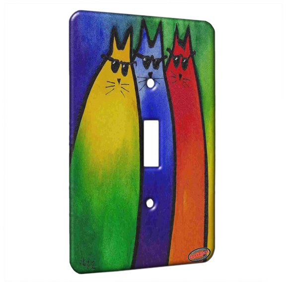 KuzmarK™ Single Gang Toggle Switch Wall Plate - Very Colorful Cool Kitties in Sunglasses Abstract Cat Art by Denise Every