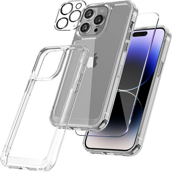 OOVIAL iPhone 14 Pro Clear Case Bundle - 5-in-1 Design with Tempered Glass Screen and Lens Protector, Cleaning Kits - Military-Grade Shockproof Phone Protection
