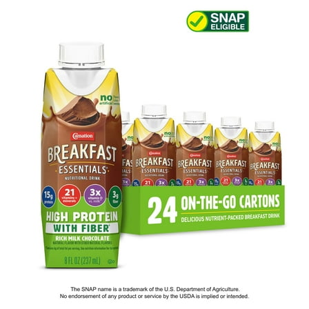Carnation Breakfast Essentials High Protein with Fiber Ready-to-Drink, 8 FL OZ Carton, Rich Milk Chocolate 8 Fl Oz (Pack of 24)