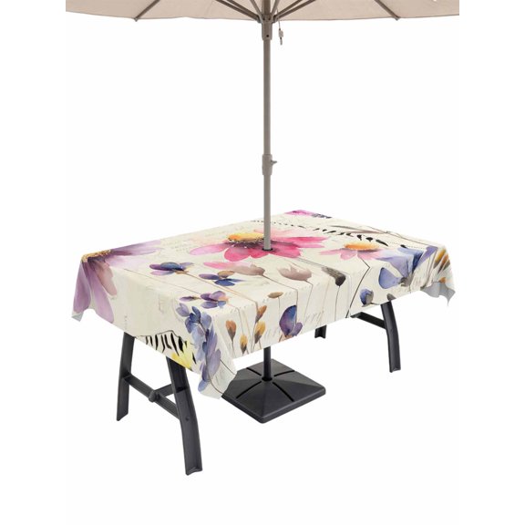 Outdoor Tablecloths with Umbrella Hole & Zipper, Purple Spring Floral 54x80 Inch Tablecloth Rectangle, Vintage Flowers Farmhouse Watercolor Waterproof Table Cloth, Patio/Pool/Picnic Table Covers