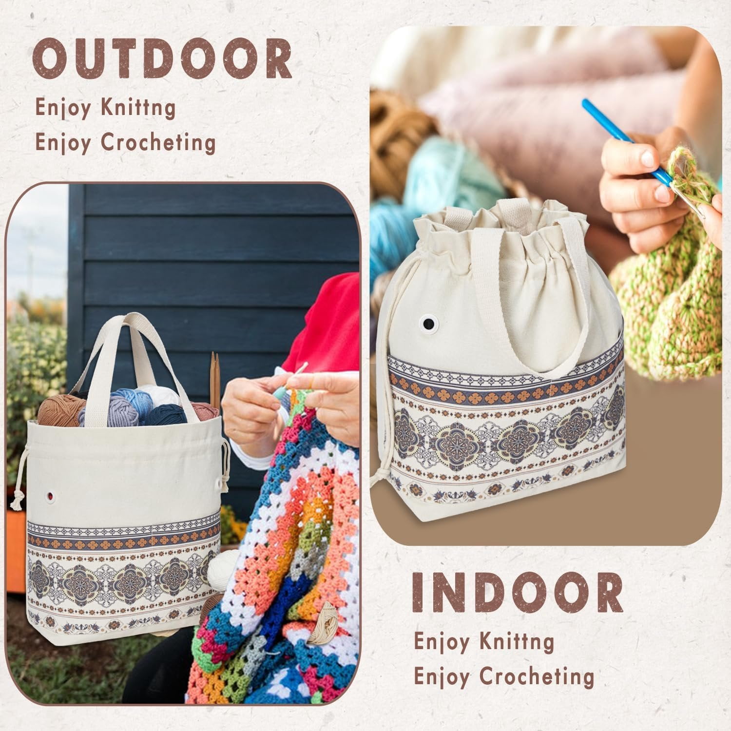 Yarn Bag, Knitting Crochet Tote Bag, Yarn Storage Bags Organizer, Crochet bags for Crocheting Project, Store Skein Ball, Short Knitting  (Brown Style)