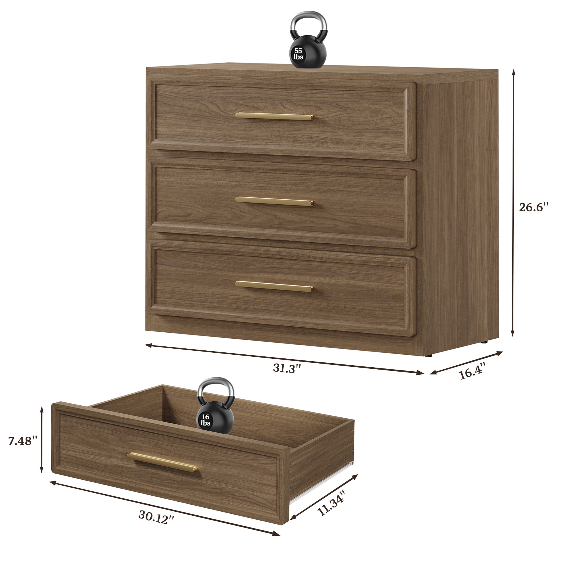 SICOTAS 31.3" W 3-Drawer Nightstand Set of 2 with Oversized Large Storage , Modern Night Stands Bedside Table with Adjustable Feet & Gold Handles for Bedroom Living Room Entryway, Walnut