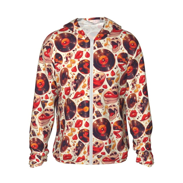 Balery Skull rock record music heart Sudadera ligera de manga larga con capucha y protección solar UPF 50+ para hombre y mujer, ideal para pesca y running-X-Large