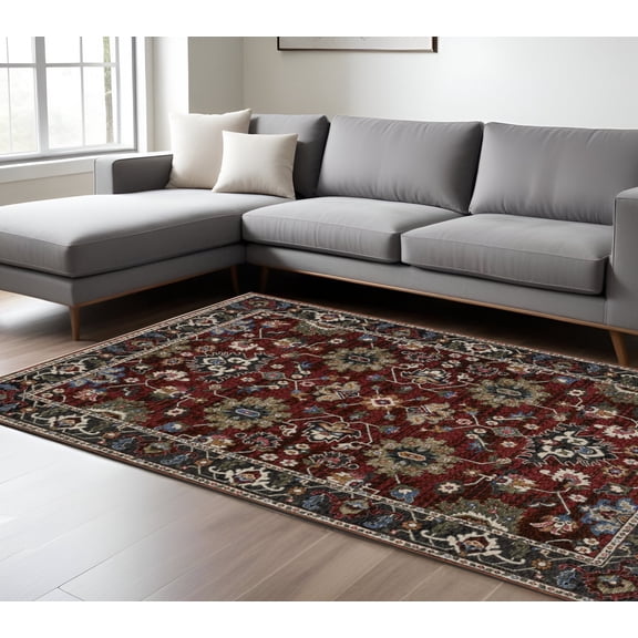 HomeRoots 574909 7 x 10 ft. Oriental Rectangle Area Rug with Fringe, Red, Blue & Charcoal