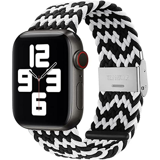 Boucle Solo Tressée Réglable avec Boucle Compatible avec Bracelet Apple Watch pour Hommes et Femmes, Bracelet Doux en Nylon Extensible Élastique pour iWatch Series SE 6 5 4 3 2 1 (Noir+blanc, 42/44mm)